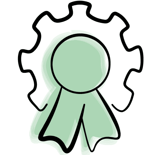 Icon eines Zahnrads mit Schleife – steht für geprüfte Qualität.